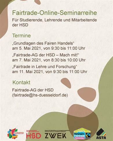 Students, teachers and staff of the HSD are cordially invited to participate in a three-part online seminar series on fair trade with experienced Fairtrade guest speakers in May. 
